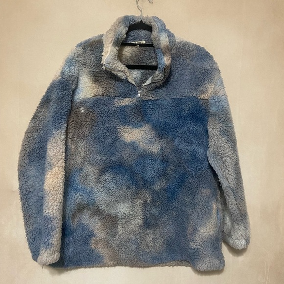Peach Love LIKE NEW blue/tan cozy sherpa 1/4 zip pullover teddy jacket size L - Picture 2 of 4
